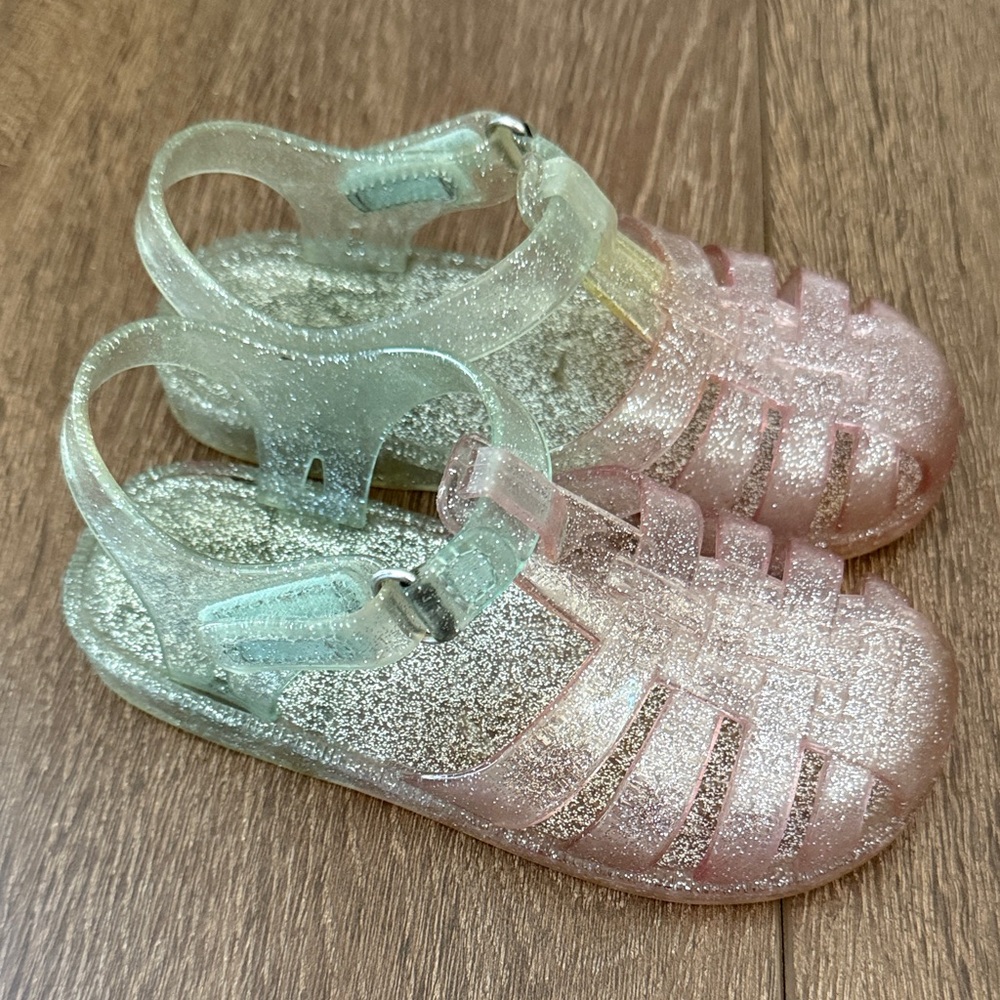 Glittery Pink and Green Jelly Sandals - Size 8